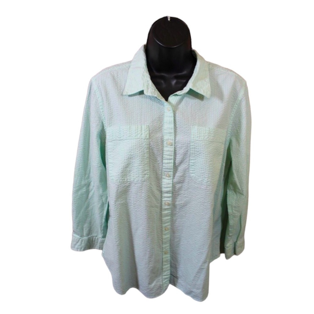 L.L. Bean Women's Vacationland Seersucker Shirt, Long-Sleeve Popover Stripe Sz M